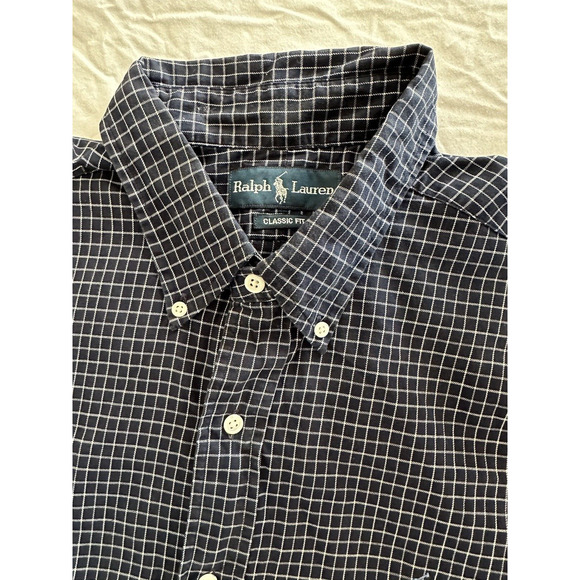 Ralph Lauren Classic Fit XL Button Up Check Navy Blue Light BluePony Long Sleeve - Picture 7 of 11
